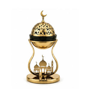 Brûleur d'encens Bakhoor tendance en bois et laiton, design moderne sablier, porte-encens arabe au charbon avec base ajourée en filigrane, décoration de table - Product Image 5