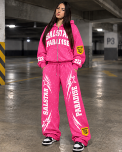 Premium Custom 2 Piece Tracksuit Set for Men <b>Pink</b> Streetwear <b>Hoodie</b> Custom Rhinestone Printed Sportswear Tracksuit Manufacturers - Product Image 3