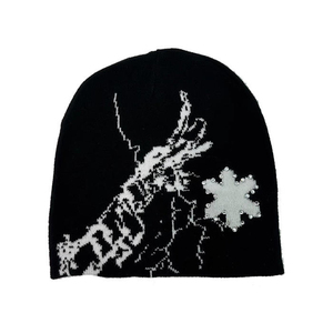 Bonnet unisexe noir 56-58 cm, tricoté à la machine, avec décoration flocon de neige en strass, décontracté, pour adulte - Product Image 1