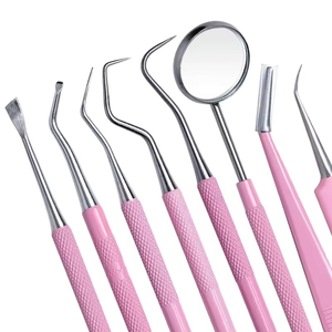 Kit de 8 outils dentaires roses pour le nettoyage buccal : miroir buccal, pinces, sonde double, curette, détartreur en acier inoxydable - Product Image 3