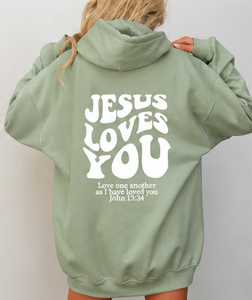 Sudadera con Capucha de Forro Polar para Hombre, Estilo Oversize, con Estampado 'Jesus Loves You' en la Espalda, Ropa Casual de Fe, 100% Algodón - Product Image 2