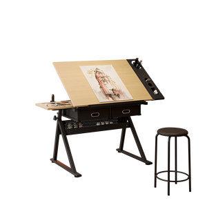 Tavolo da Disegno e Progettazione Regolabile in Acero con 2 Cassetti per Casa, Ufficio e Scuola, Include Sgabello - Product Image 5