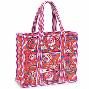 Bohemian Panelled Canvas Tote Bag <b>Red</b> Floral Print Pink White <b>Stripe</b> Trim Open <b>Top</b> Large Capacity Shopping Bag All Seasons - Product Image 1