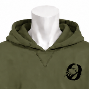 Sweat-shirt à capuche en molleton épais vert olive avec bordure brodée, ourlet et poignets géométriques, poche kangourou, tenue décontractée - Product Image 3