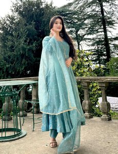 Women Ethnic Anarkali Salwar Kameez Set Embroidered Long Kurta Palazzo Outfit With Dupatta for <b>Wedding</b> Party - Product Image 2