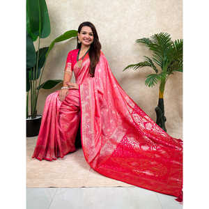 Sari de Seda Tejida Banarasi Jaal Zari Rosa Bebé, Ropa India y Pakistaní de Elite Weaves - Product Image 3