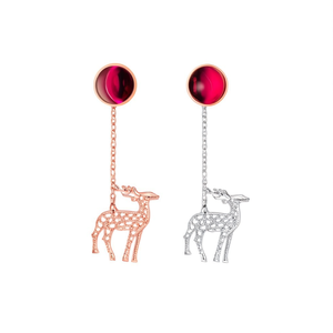 Drop <b>Earrings</b> with Deer Motif and <b>Red</b> Stones in Rose Gold and Platinum - Product Image 3