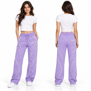 Pantalones Cargo de Pierna Ancha Azul Claro para Mujer con Pedrería Blanca, Cintura con Cordón, Ajuste Regular, Largos, Casuales, de Forro Polar Ecológico - Product Image 5