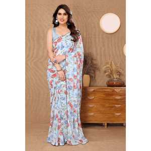 DISEÑADOR GEORGETTE PRINT WORK SAREE CON BLUSA SIN COSTAR GRIS - Product Image 1