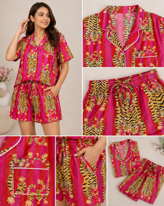Conjunto de Pijama con Estampado de Tigre y Rayas para Mujer, Camisa de Manga Corta de Algodón, Pantalones Cortos, Pijama Informal, Conjunto Coordinado Hecho a Mano - Product Image 4