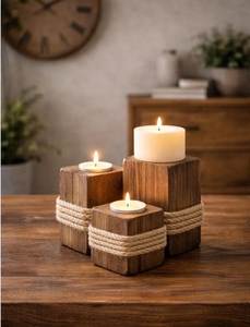 Handcrafted Timber <b>Candle</b> Holder Wood Candlestick Holder Set Column <b>Shape</b> Tapered Design Natural Finish Home Decoration - Product Image 5