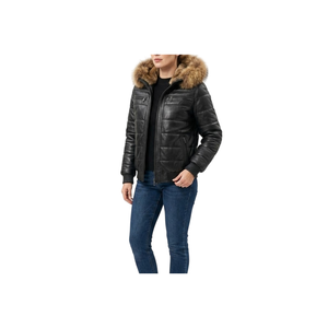 Chaqueta de Invierno de Cuero Negro Acolchada para Mujer, Estilo Bomber Moderno y Lujoso J-1 - Product Image 3