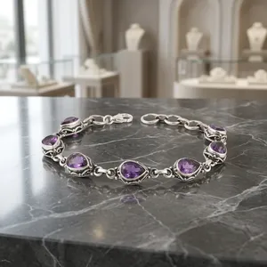 Vintage 925 Silver Amethyst Bracelet Water Drop Bezel Setting <b>Chain</b> Link Women's Everyday Wear Jewelry - Product Image 4