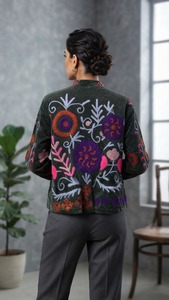 Statement <b>Green</b> Suzani <b>Velvet</b> Embroidered <b>Jacket</b> <b>Women</b> Handmade Multicolor Botanical Boho Wholesale Fashion Outerwear - Product Image 2