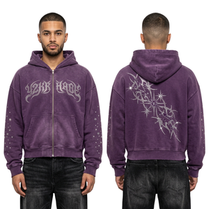 Mineral Wash Combed Cotton <b>Hoodie</b> <b>Fleece</b> Gothic <b>Line</b> Print Kangaroo Pockets Warm Casual Thermal Acid Wash Hoodies - Product Image 1