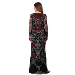 Robe de soirée longue de luxe à manches longues, élégante, avec encolure en maille, richement ornée de perles et de sequins, robe longue vintage brodée pour bal et soirée - Product Image 2