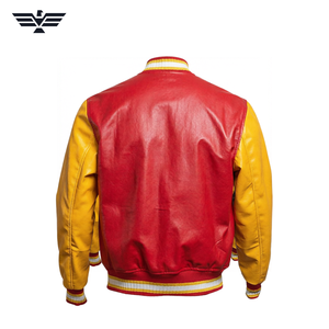 Blouson universitaire homme en cuir PU rouge et jaune avec blocs de couleur, lettres brodées, boutons-pression, col montant respirant, coupe-vent, hiver - Product Image 6