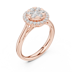 Anillo de compromiso de plata de ley con acabado en oro rosa de 14 quilates y halo exterior con racimo de diamantes de moissanita de corte redondo para ella - Product Image 4
