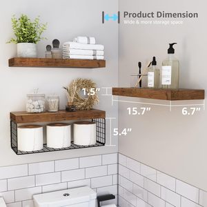 Estantes flotantes de madera rústica de alta calidad para montar en la pared con juego de cestas de metal negro para almacenamiento en cocina y baño, de Vietnam. - Product Image 3