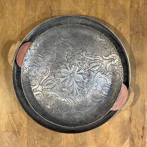 Rectangular Embossed Metal Serving <b>Tray</b> Set of 2 Large Silver Floral Decorative Platters with Wooden <b>Side</b> Handle or Coffee <b>Table</b> - Product Image 5