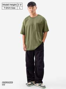 T-shirt Homme Vert Olive Surdimensionné à Poches, Col Rond en Mélange de Coton, Style Décontracté Streetwear, Marque Privée Personnalisée - Product Image 3