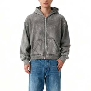 Sweat à capuche pour homme 100% coton molletonné, coupe oversize courte, effet vieilli délavé à l'acide, style formel, séchage rapide, respirant - Product Image 2