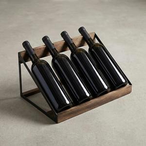 Porte-vin moderne en bois et métal, parfait pour quatre bouteilles, organisateur pour bar à domicile et comptoir de cuisine, fabriqué à la main en Inde - Product Image 1