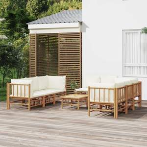 Ensemble de salon de jardin modulaire blanc crème, collection de canapés en bambou et polyester pour l'extérieur - Product Image 1