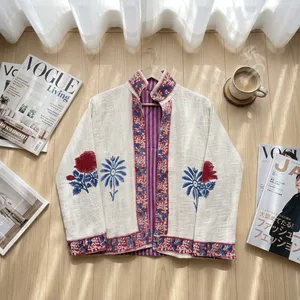 Block Print <b>Womens</b> White Embroidered Floral Mandarin Collar Jacket Open Front Prairie Chic <b>Spring</b> <b>Coat</b> - Product Image 3