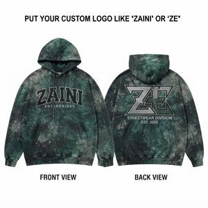 Sweat à capuche homme en molleton de coton 380 GSM, tie-dye délavé à l'acide, écologique, vert et noir, avec strass personnalisés, style urbain - Product Image 1