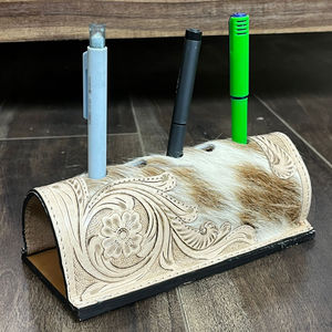 Organisateur de stylos décoratif en cuir repoussé fait main, en cuir de vachette à poils naturels, motif floral, décoration de bureau, porte-stylos, accessoire de bureau - Product Image 5