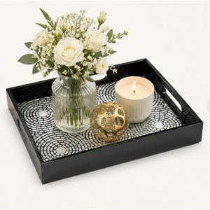 Plateau de service rectangulaire en bois noir fait main avec incrustation de mosaïque en nacre, design luxueux, pour la décoration de l'hôtel et de la maison - Product Image 4