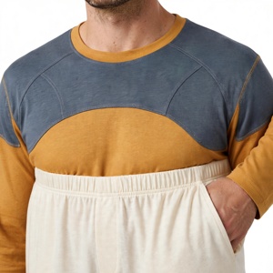 Ensemble de pyjama pour homme à blocs de couleur, sweat-shirt col rond moutarde et pantalon de détente crème, vêtements de nuit d'hiver - Product Image 6