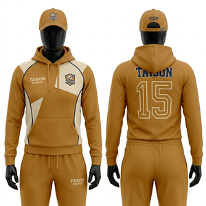 Sudadera con capucha de felpa de poliéster y algodón de 320 GSM premium para mujer, diseño geométrico en paneles color beige mostaza, logotipo personalizado con transferencia. - Product Image 1