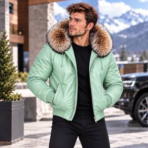 Genuine Leather Bomber Jacket with Fox Fur Hood, Breathable Plaid Pattern Winter Biker <b>Coat</b>, Lederjacke Herren - Product Image 1