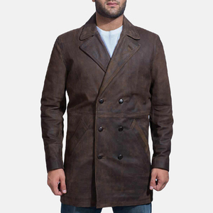<b>Men's</b> Genuine <b>Leather</b> <b>Long</b> <b>Coat</b> Turn-down Collar Double Breasted Vintage Windproof Jacket Winter Wear - Product Image 1