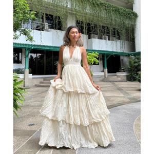Luxury V-neck Boho Maxi <b>Dress</b> Smocked Waist Backless Tiered Ruffle White Knitted Organic Cotton Eco-Friendly Sexy Summer <b>Dress</b> - Product Image 1