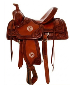 Western style <b>leather</b> saddle floral hand <b>tooling</b> ergonomic seat for horse riding ranch and trail <b>work</b> includes stirrups - Product Image 1