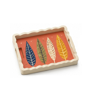 Plateau de service Concept Home, motif de feuilles colorées, fond crème, poignée décorative, usage résidentiel, écologique, incassable - Product Image 3