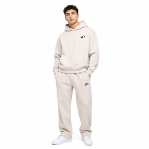 Ensemble de survêtement décontracté et tendance pour homme, 100 % coton, avec sweat à capuche zippé et pantalon de jogging ample brodé, deux pièces personnalisables - Product Image 1