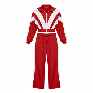 Ensemble de survêtement vintage pour homme, rouge et blanc, à blocs de couleur, manches longues, col à capuche, 100 % coton molletonné, coupe ample sportive, poches latérales - Product Image 1