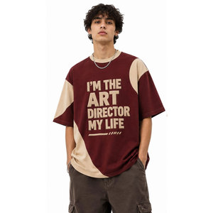 Camiseta Oversize para Hombre, Cuello Redondo, Manga Corta, Ribete en Contraste, Diseño con Letras Estampadas, Casual, 100% Algodón, Tejido de Punto, Ajuste Cómodo, Camiseta con Relieve - Product Image 3
