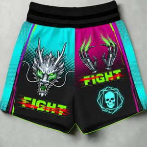Shorts de boxe personnalisés en polyester, vêtements d'entraînement respirants, design par sublimation, logo brodé, taille personnalisée - Product Image 1