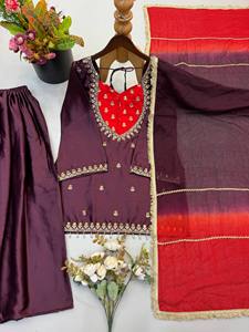 Traditional <b>Indian</b> Pakistani Women's <b>Kurta</b> Set Floor Length Loose Fit Polyester Party Wear Dark Brown Embroidered Detail - Product Image 6