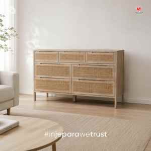 Buffet scandinave en rotin naturel à 7 tiroirs, armoire de rangement en bois massif, meuble de salon, hôtel, villa - Product Image 1