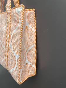 Quilted Cotton <b>Tote</b> <b>Bags</b> Orange <b>White</b> Floral Pattern Bohemian Style Zipper Closure Two Handles All Seasons Beach Shopping <b>Bag</b> - Product Image 3