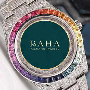 Montre de luxe RAHA en moissanite pour femme, bracelet en acier inoxydable, boîtier rond de 20 mm, cristal saphir de 42 mm, mouvement à quartz analogique - Product Image 1