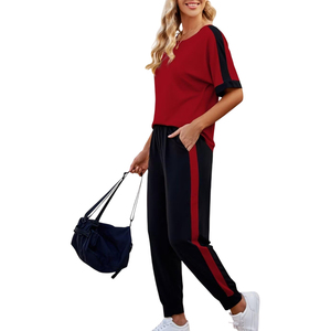 Conjuntos deportivos de verano al por mayor para mujer, conjuntos de dos piezas con franja lateral, top corto informal y pantalones largos, conjuntos deportivos para dama - Product Image 4