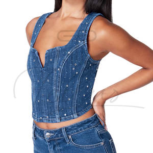 Tops en jean pour femmes de haute qualité, tendance et ornés de strass, vente en gros, design et logo personnalisés. - Product Image 2