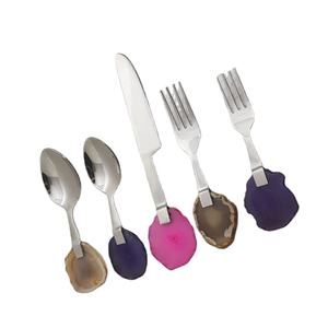 Juego de cubiertos de lujo de diseñador de acero inoxidable con plata de piedra de ágata real en cubiertos Vajilla de acero inoxidable - Product Image 1